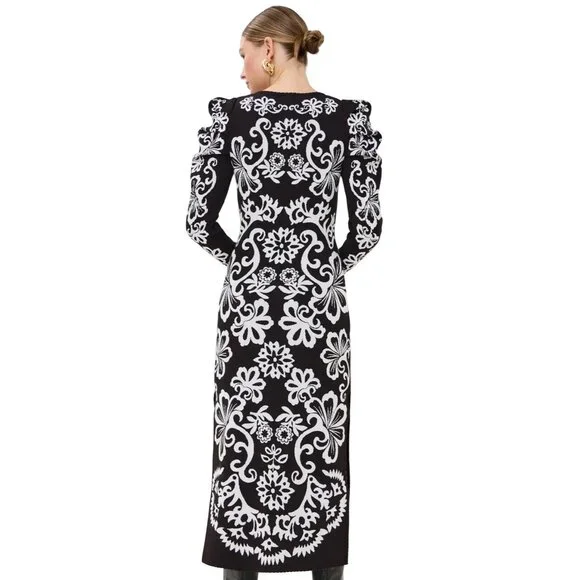 Farm Rio Cashew Mandala Knit Long Puff Sleeve Midi Dress in Black Size XXS New - Picture 3 of 6